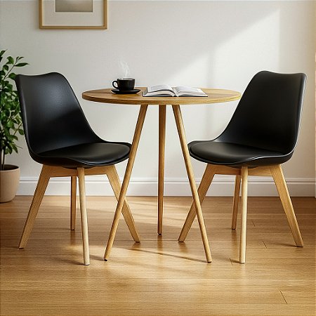 Mesa Redonda Tripé 70cm Louro Freijó com 2 Cadeiras Siena Preta