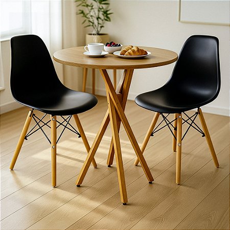 Mesa Redonda Bistrô 70cm Louro Freijó com 2 Cadeiras Eiffel Preta