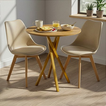 Mesa Redonda Bistrô 70cm Louro Freijó com 2 Cadeiras Siena Nude