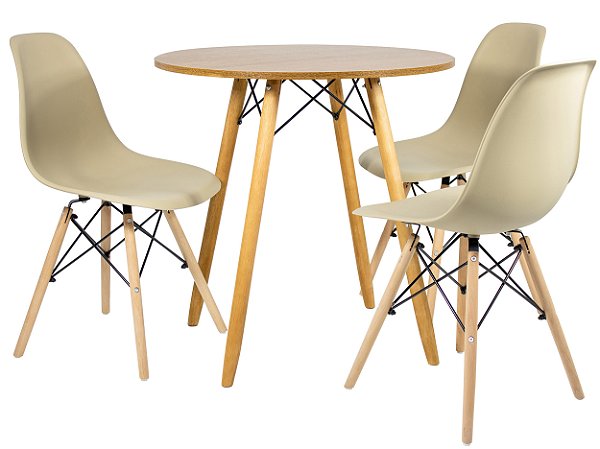 Mesa Redonda Eiffel 80cm Louro Freijó com 3 Cadeiras Eiffel Nude