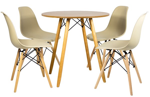 Mesa Redonda Eiffel 80cm Louro Freijó com 4 Cadeiras Eiffel Nude
