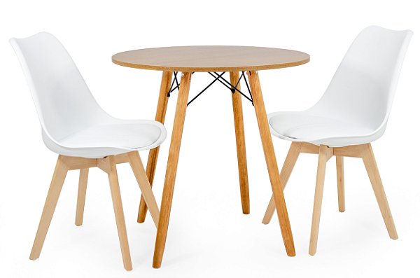 Mesa Redonda Eiffel 80cm Louro Freijó com 2 Cadeiras Siena Branca