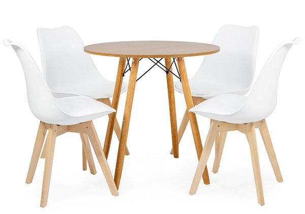 Mesa Redonda Eiffel 80cm Louro Freijó com 4 Cadeiras Siena Branca