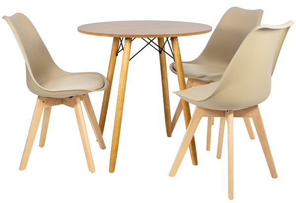 Mesa Redonda Eiffel 80cm Louro Freijó com 3 Cadeiras Siena Nude