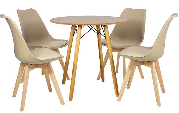 Mesa Redonda Eiffel 80cm Louro Freijó com 4 Cadeiras Siena Nude