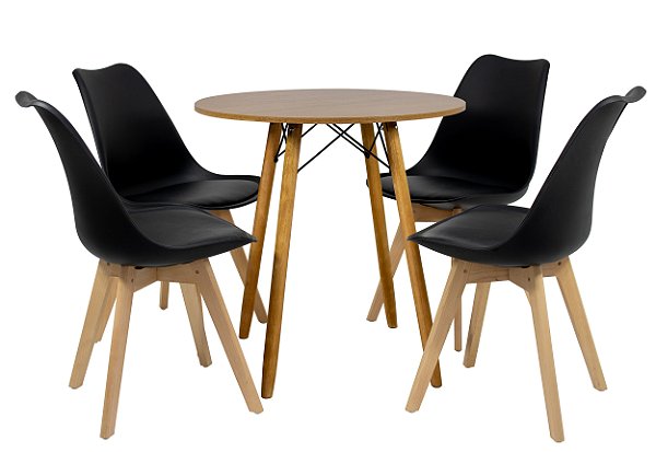 Mesa Redonda Eiffel 80cm Louro Freijó com 4 Cadeiras Siena Preta