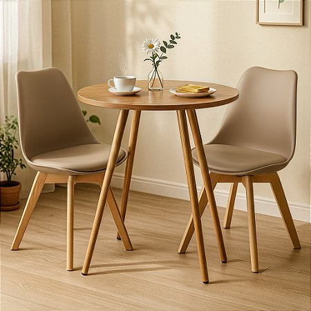 Mesa Redonda Sofia 80cm Louro Freijó com 2 Cadeiras Siena Nude