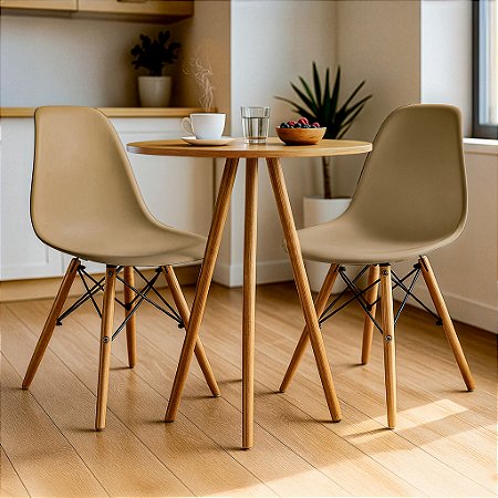 Mesa Redonda Tripé 80cm Louro Freijó com 2 Cadeiras Eiffel Nude