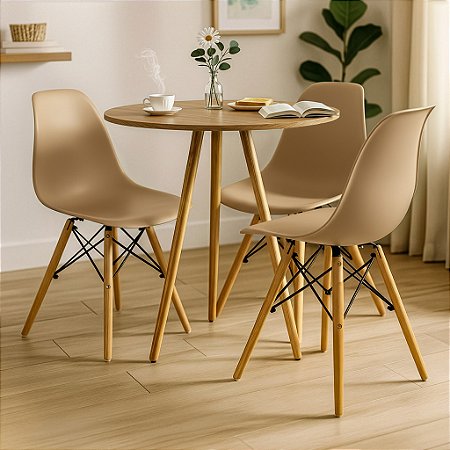 Mesa Redonda Tripé 80cm Louro Freijó com 3 Cadeiras Eiffel Nude