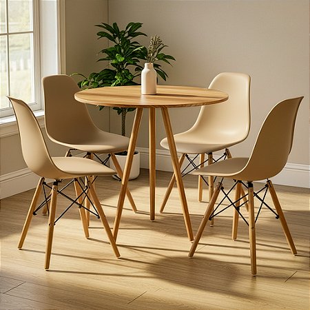 Mesa Redonda Tripé 80cm Louro Freijó com 4 Cadeiras Eiffel Nude