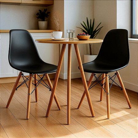 Mesa Redonda Tripé 80cm Louro Freijó com 2 Cadeiras Eiffel Preta