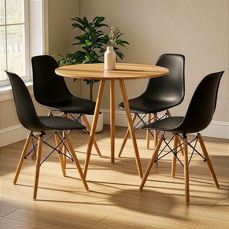 Mesa Redonda Tripé 80cm Louro Freijó com 4 Cadeiras Eiffel Preta