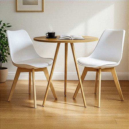 Mesa Redonda Tripé 80cm Louro Freijó com 2 Cadeiras Siena Branca