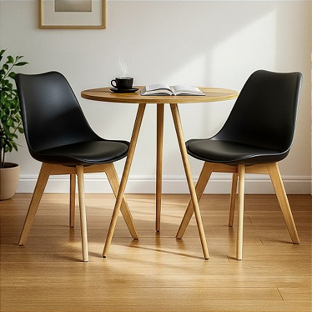 Mesa Redonda Tripé 80cm Louro Freijó com 2 Cadeiras Siena Preta