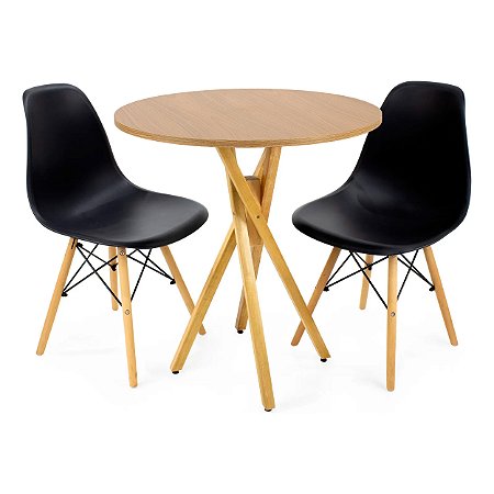 Mesa Redonda Bistrô 80cm Louro Freijó com 2 Cadeiras Eiffel Preta