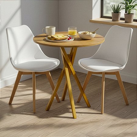 Mesa Redonda Bistrô 80cm Louro Freijó com 2 Cadeiras Siena Branca
