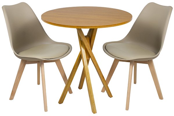 Mesa Redonda Bistrô 80cm Louro Freijó com 2 Cadeiras Siena Nude