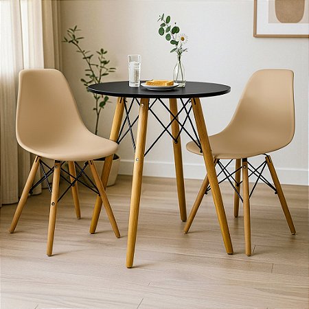 Mesa Redonda Eiffel 60cm Preta com 2 Cadeiras Eiffel Nude