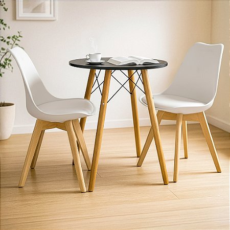 Mesa Redonda Eiffel 60cm Preta com 2 Cadeiras Siena Branca