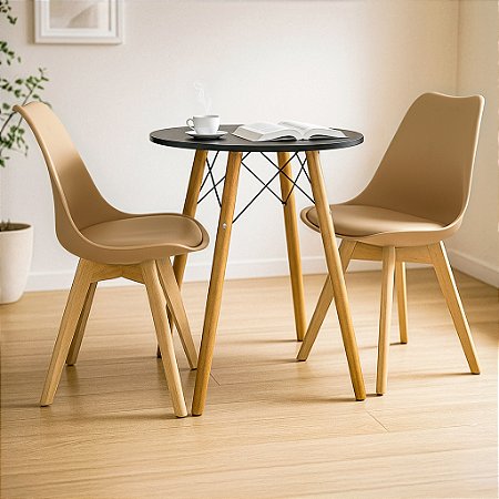 Mesa Redonda Eiffel 60cm Preta com 2 Cadeiras Siena Nude