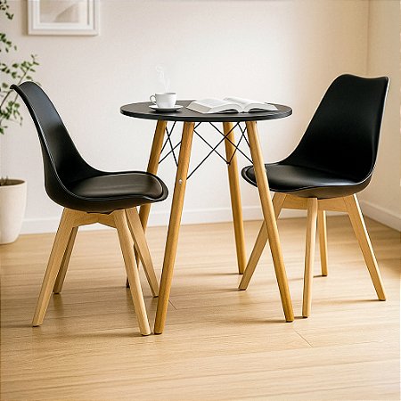 Mesa Redonda Eiffel 60cm Preta com 2 Cadeiras Siena Preta
