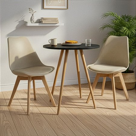 Mesa Redonda Sofia 60cm Preta com 2 Cadeiras Siena Nude