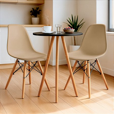 Mesa Redonda Tripé 60cm Preta com 2 Cadeiras Eiffel Nude