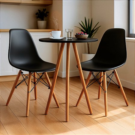 Mesa Redonda Tripé 60cm Preta com 2 Cadeiras Eiffel Preta