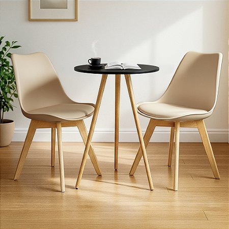 Mesa Redonda Tripé 60cm Preta com 2 Cadeiras Siena Nude