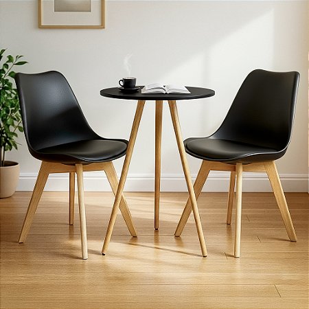 Mesa Redonda Tripé 60cm Preta com 2 Cadeiras Siena Preta