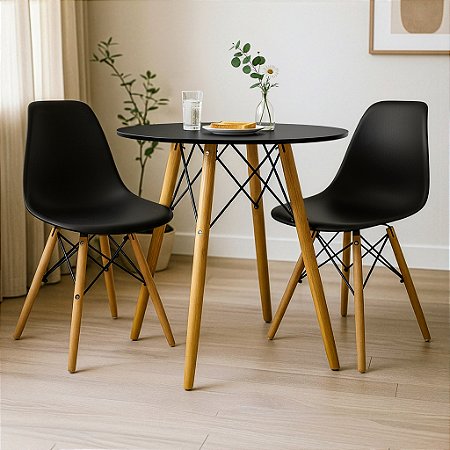 Mesa Redonda Eiffel 70cm Preta com 2 Cadeiras Eiffel Preta