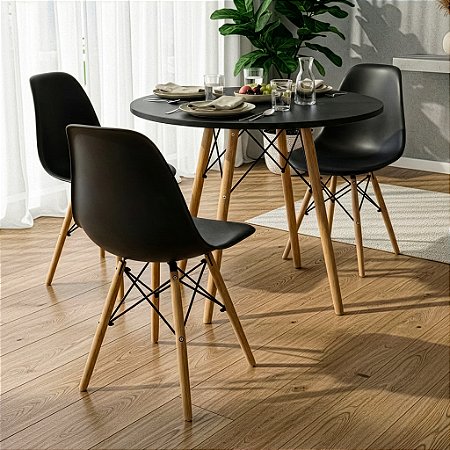 Mesa Redonda Eiffel 70cm Preta com 3 Cadeiras Eiffel Preta