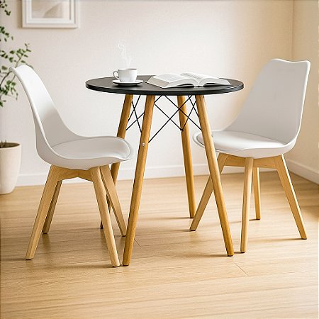 Mesa Redonda Eiffel 70cm Preta com 2 Cadeiras Siena Branca