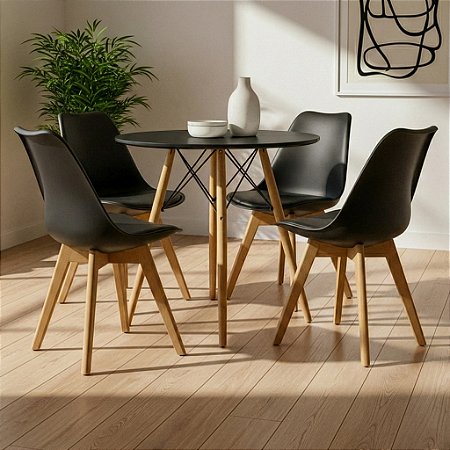 Mesa Redonda Eiffel 70cm Preta com 4 Cadeiras Siena Preta