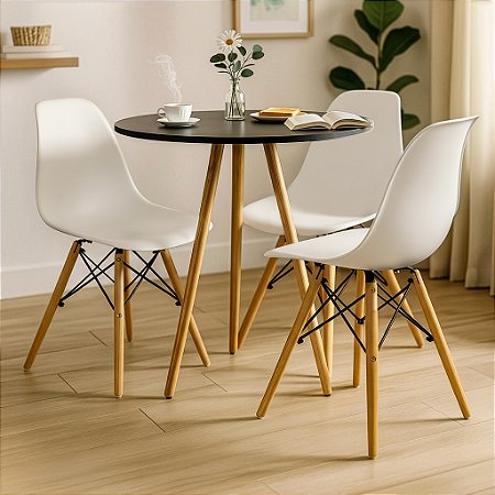 Mesa Redonda Tripé 70cm Preta com 3 Cadeiras Eiffel Branca
