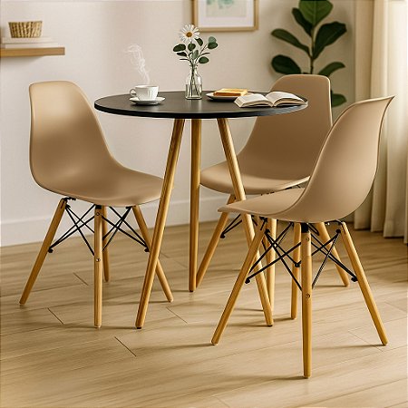 Mesa Redonda Tripé 70cm Preta com 3 Cadeiras Eiffel Nude