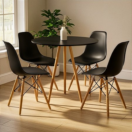 Mesa Redonda Tripé 70cm Preta com 4 Cadeiras Eiffel Preta