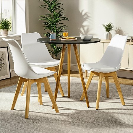 Mesa Redonda Tripé 70cm Preta com 3 Cadeiras Siena Branca