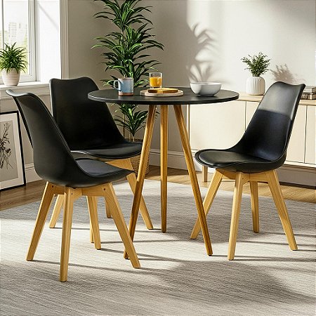 Mesa Redonda Tripé 70cm Preta com 3 Cadeiras Siena Preta