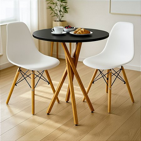 Mesa Redonda Bistrô 70cm Preta com 2 Cadeiras Eiffel Branca