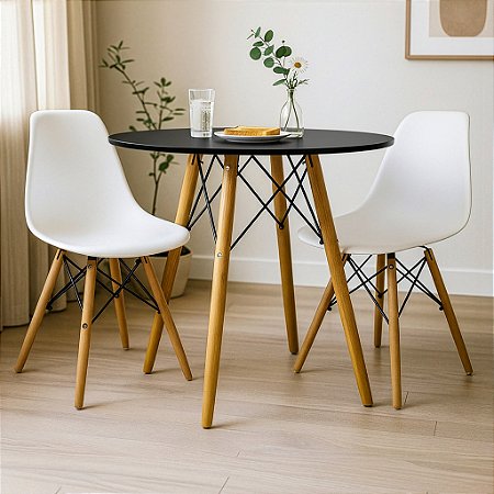 Mesa Redonda Eiffel 80cm Preta com 2 Cadeiras Eiffel Branca