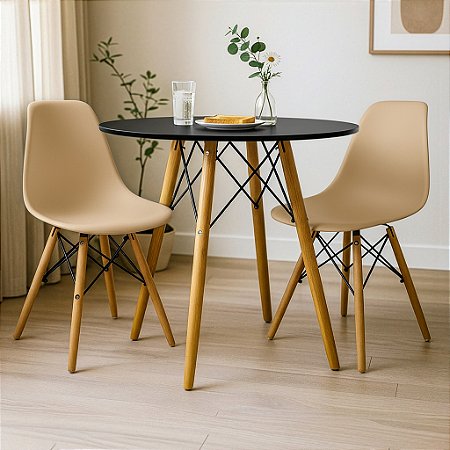 Mesa Redonda Eiffel 80cm Preta com 2 Cadeiras Eiffel Nude