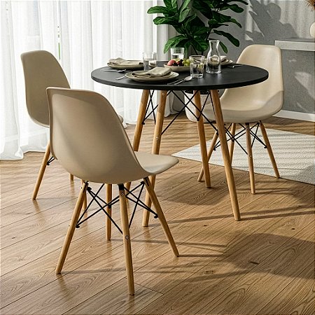 Mesa Redonda Eiffel 80cm Preta com 3 Cadeiras Eiffel Nude