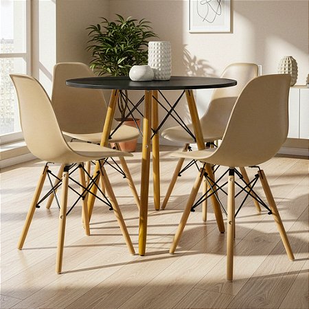 Mesa Redonda Eiffel 80cm Preta com 4 Cadeiras Eiffel Nude