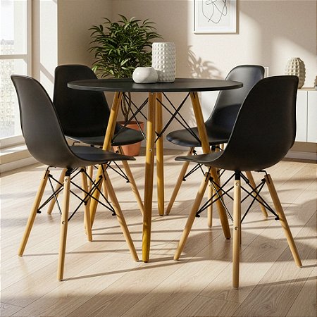 Mesa Redonda Eiffel 80cm Preta com 4 Cadeiras Eiffel Preta