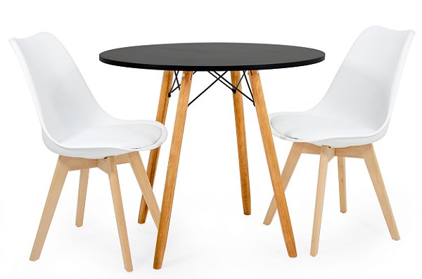 Mesa Redonda Eiffel 80cm Preta com 2 Cadeiras Siena Branca