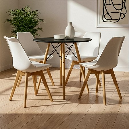Mesa Redonda Eiffel 80cm Preta com 4 Cadeiras Siena Branca