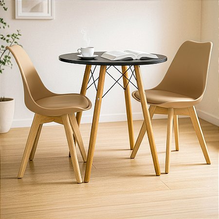 Mesa Redonda Eiffel 80cm Preta com 2 Cadeiras Siena Nude