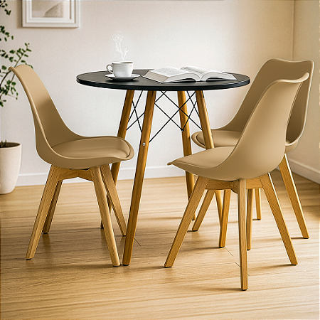 Mesa Redonda Eiffel 80cm Preta com 3 Cadeiras Siena Nude