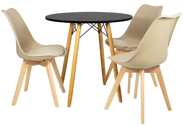 Mesa Redonda Eiffel 80cm Preta com 3 Cadeiras Siena Nude